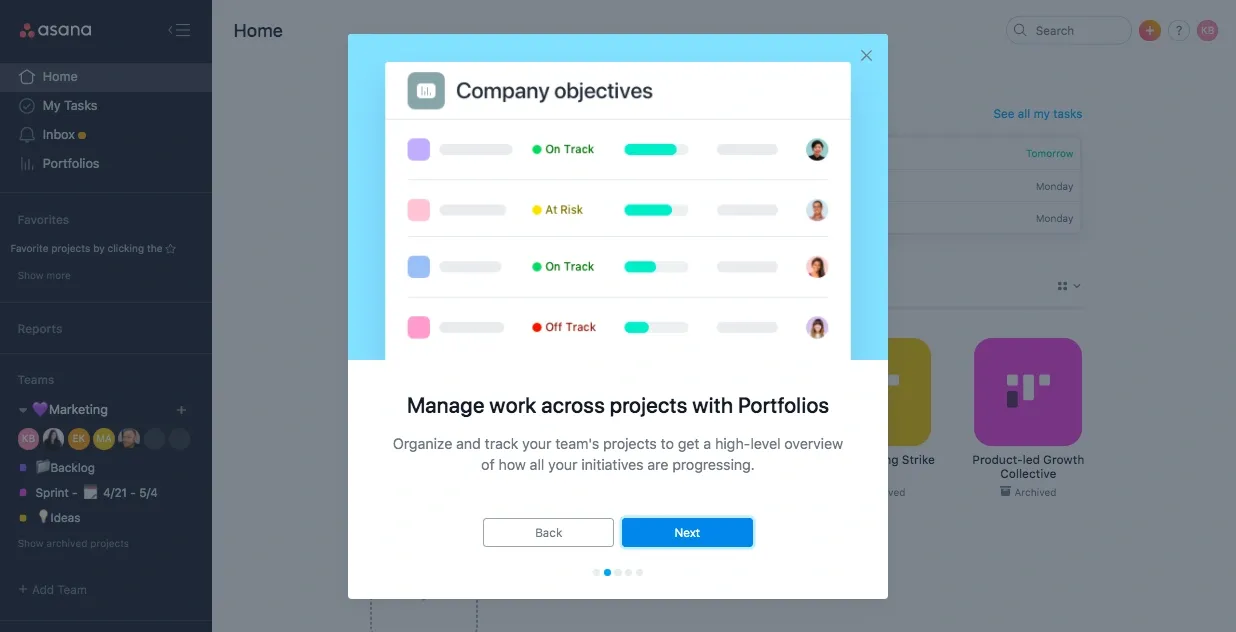 Asana uses interactive onboarding